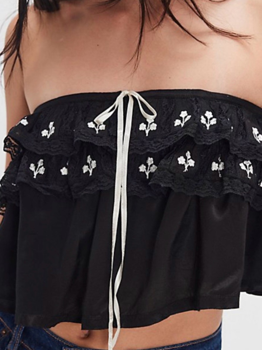 Free People Tailia embroidered Ruffle Crop Top with White Embroidery